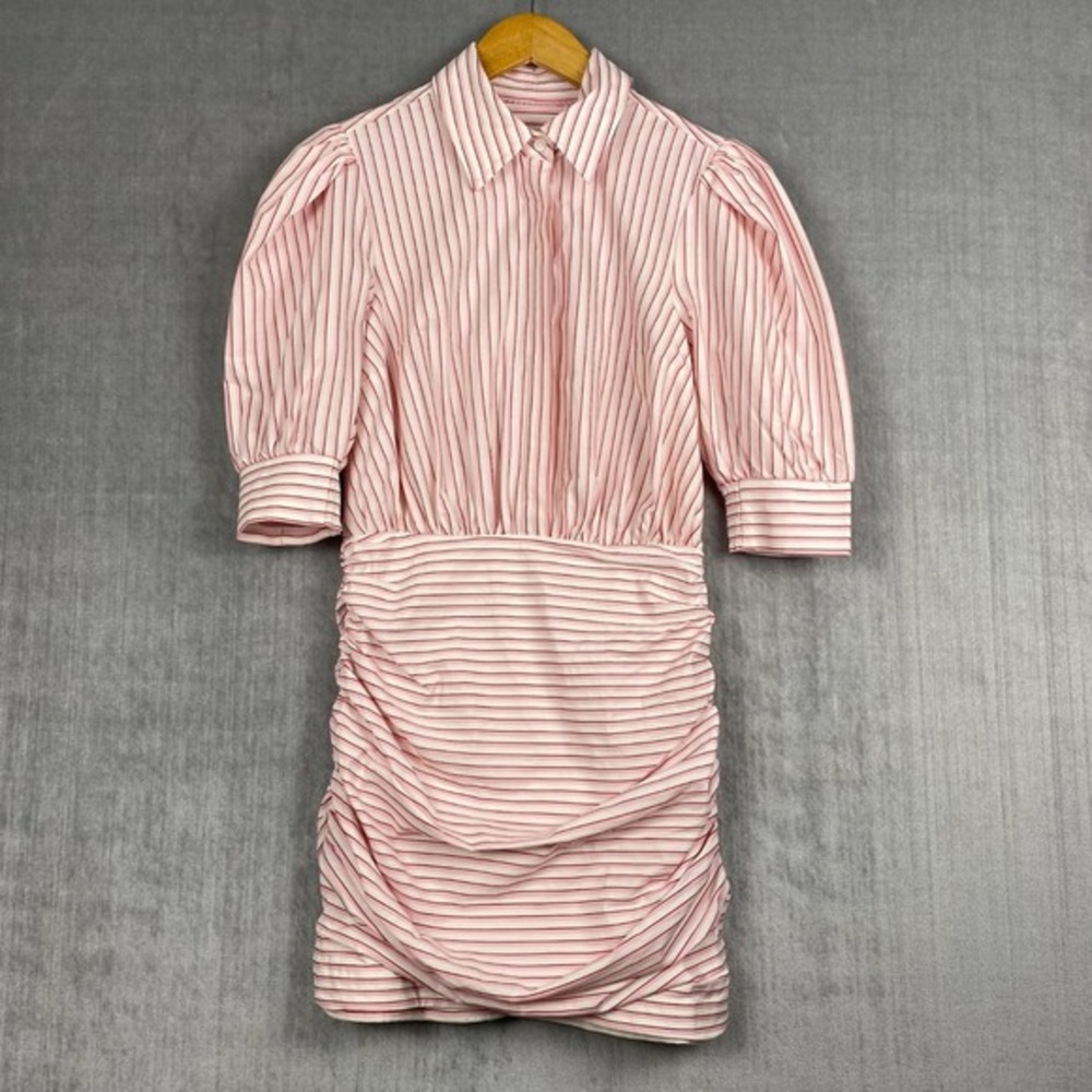 Maeve Mini Shirt Dress Womens XS P Pink Stripe Puff Ruched Preppy Coquette